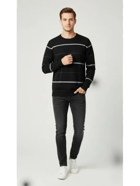 Erkek Bisiklet Yaka Cizgili Triko Kazak Yumuşak Dokulu Pamuklu İnce Dokuma, Uzun Kollu Rahat Regular Kalıp - Siyah