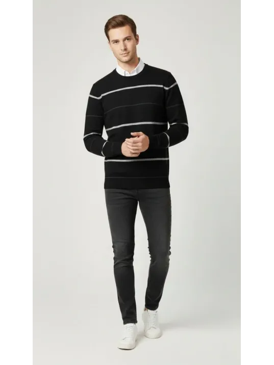 Erkek Bisiklet Yaka Cizgili Triko Kazak Yumuşak Dokulu Pamuklu İnce Dokuma, Uzun Kollu Rahat Regular Kalıp - Siyah