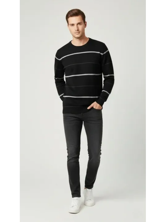 Erkek Bisiklet Yaka Cizgili Triko Kazak Yumuşak Dokulu Pamuklu İnce Dokuma, Uzun Kollu Rahat Regular Kalıp - Siyah