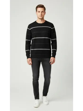 Erkek Bisiklet Yaka Cizgili Triko Kazak Yumuşak Dokulu Pamuklu İnce Dokuma, Uzun Kollu Rahat Regular Kalıp - Siyah