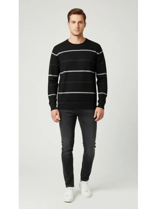 Erkek Bisiklet Yaka Cizgili Triko Kazak Yumuşak Dokulu Pamuklu İnce Dokuma, Uzun Kollu Rahat Regular Kalıp - Siyah