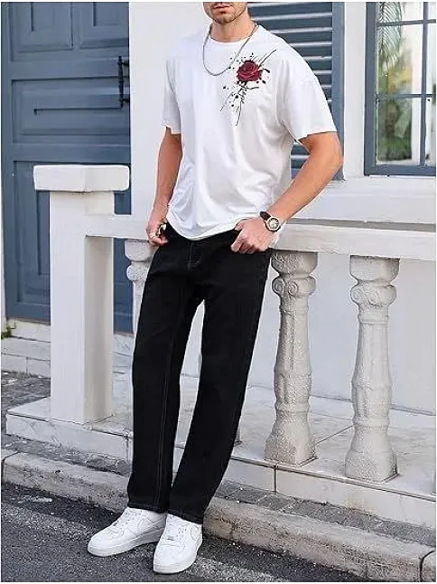 Erkek Bisiklet Yaka Kısa Kol Baskılı T-shirt - Beyaz
