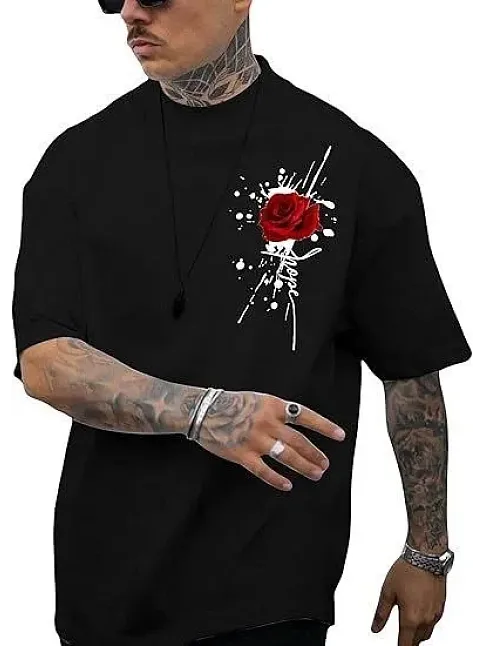 Erkek Bisiklet Yaka Kısa Kol Baskılı T-shirt - Siyah
