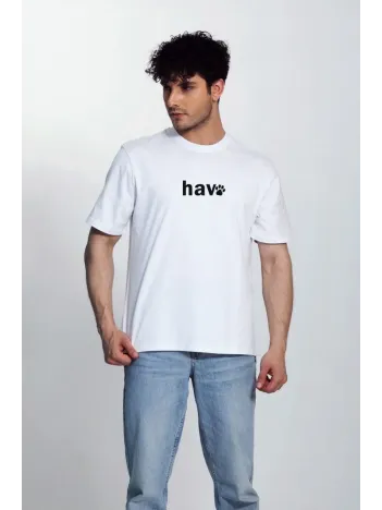 Erkek Bisiklet Yaka Kısa Kol Hav Baskılı T-shirt - Beyaz