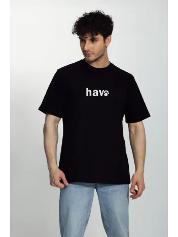 Erkek Bisiklet Yaka Kısa Kol Hav Baskılı T-shirt - Siyah