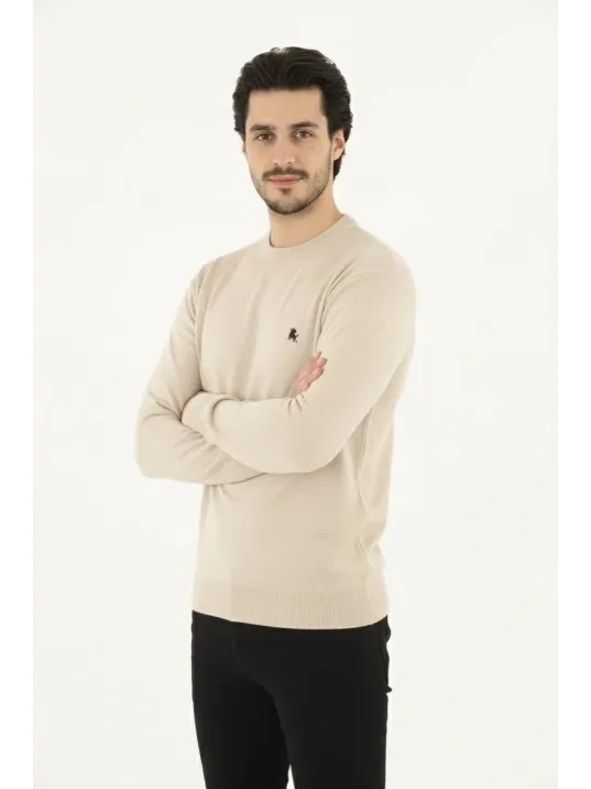 Erkek Bisiklet Yaka Nakış İşlemeli Triko Kazak Yumuşak Dokulu Pamuklu İnce Dokuma, Uzun Kollu Rahat Regular Kalıp - Bej