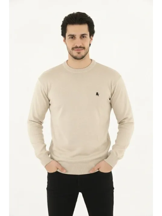 Erkek Bisiklet Yaka Nakış İşlemeli Triko Kazak Yumuşak Dokulu Pamuklu İnce Dokuma, Uzun Kollu Rahat Regular Kalıp - Bej