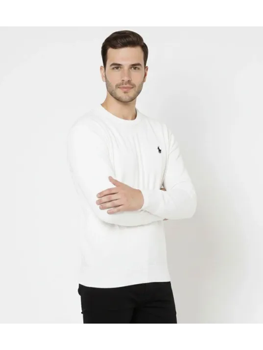Erkek Bisiklet Yaka Nakış İşlemeli Triko Kazak Yumuşak Dokulu Pamuklu İnce Dokuma, Uzun Kollu Rahat Regular Kalıp - Beyaz