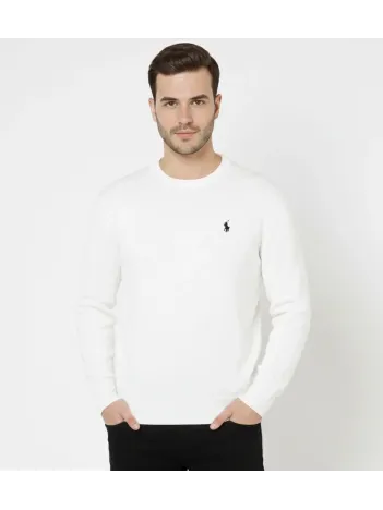 Erkek Bisiklet Yaka Nakış İşlemeli Triko Kazak Yumuşak Dokulu Pamuklu İnce Dokuma, Uzun Kollu Rahat Regular Kalıp - Beyaz