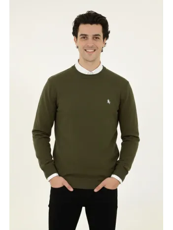 Erkek Bisiklet Yaka Nakış İşlemeli Triko Kazak Yumuşak Dokulu Pamuklu İnce Dokuma, Uzun Kollu Rahat Regular Kalıp - Haki