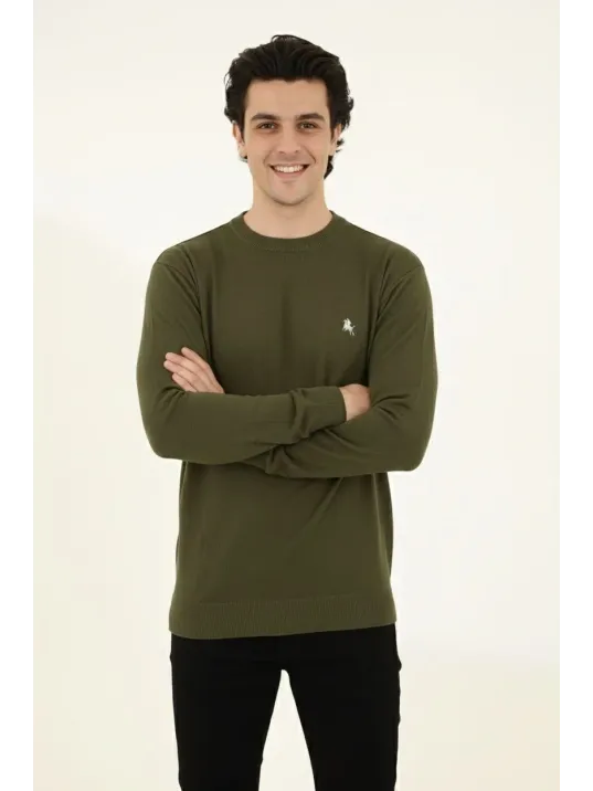 Erkek Bisiklet Yaka Nakış İşlemeli Triko Kazak Yumuşak Dokulu Pamuklu İnce Dokuma, Uzun Kollu Rahat Regular Kalıp - Haki