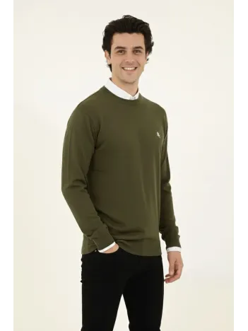 Erkek Bisiklet Yaka Nakış İşlemeli Triko Kazak Yumuşak Dokulu Pamuklu İnce Dokuma, Uzun Kollu Rahat Regular Kalıp - Haki