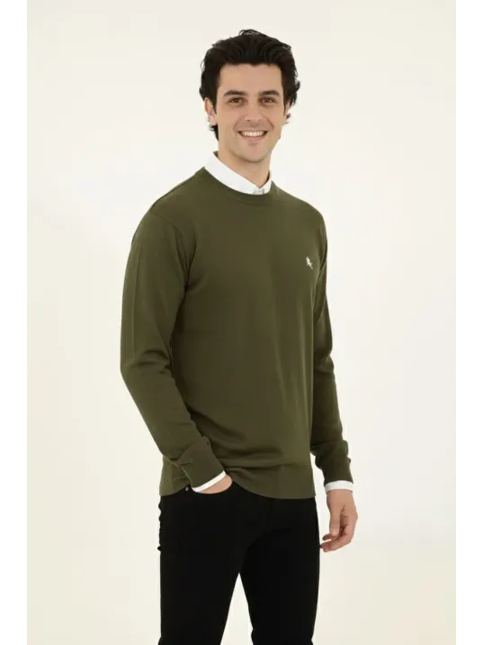 Erkek Bisiklet Yaka Nakış İşlemeli Triko Kazak Yumuşak Dokulu Pamuklu İnce Dokuma, Uzun Kollu Rahat Regular Kalıp - Haki