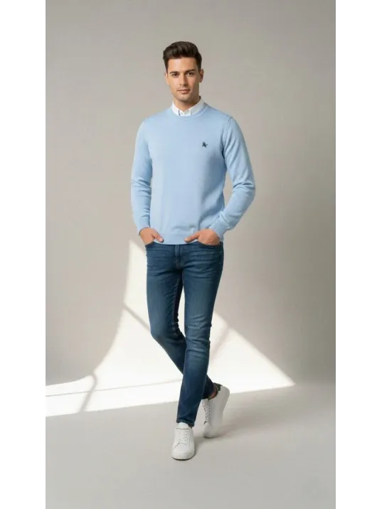 Erkek Bisiklet Yaka Nakış İşlemeli Triko Kazak Yumuşak Dokulu Pamuklu İnce Dokuma, Uzun Kollu Rahat Regular Kalıp - Mavi