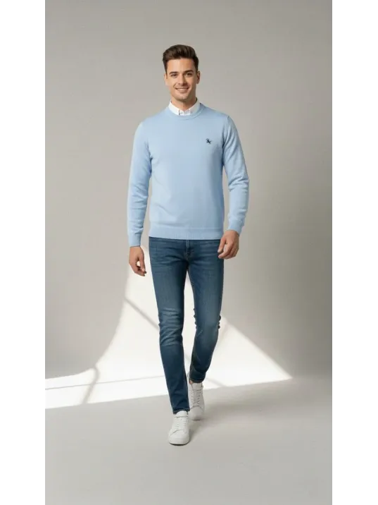 Erkek Bisiklet Yaka Nakış İşlemeli Triko Kazak Yumuşak Dokulu Pamuklu İnce Dokuma, Uzun Kollu Rahat Regular Kalıp - Mavi