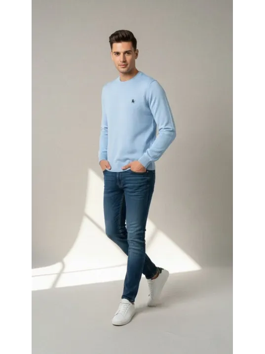 Erkek Bisiklet Yaka Nakış İşlemeli Triko Kazak Yumuşak Dokulu Pamuklu İnce Dokuma, Uzun Kollu Rahat Regular Kalıp - Mavi