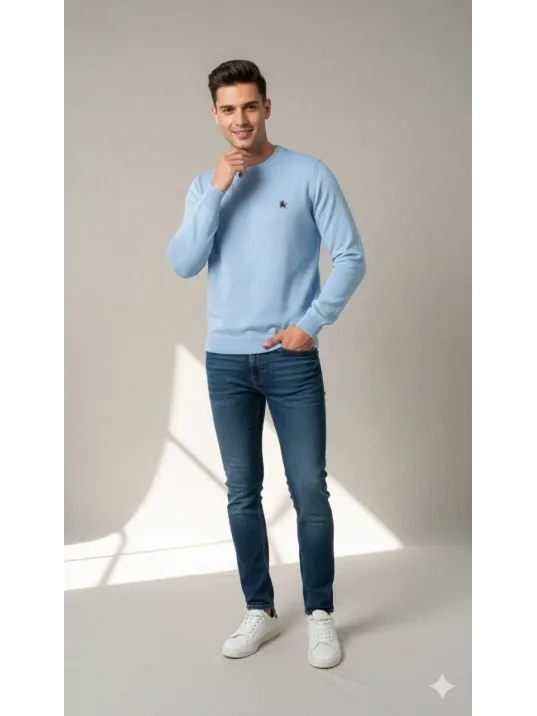 Erkek Bisiklet Yaka Nakış İşlemeli Triko Kazak Yumuşak Dokulu Pamuklu İnce Dokuma, Uzun Kollu Rahat Regular Kalıp - Mavi