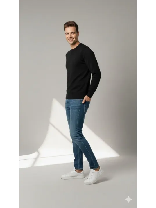 Erkek Bisiklet Yaka Nakış İşlemeli Triko Kazak Yumuşak Dokulu Pamuklu İnce Dokuma, Uzun Kollu Rahat Regular Kalıp - Siyah