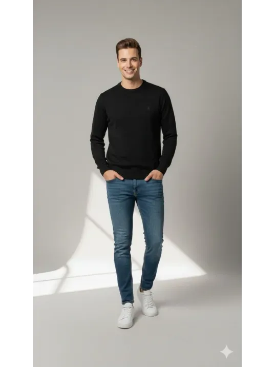 Erkek Bisiklet Yaka Nakış İşlemeli Triko Kazak Yumuşak Dokulu Pamuklu İnce Dokuma, Uzun Kollu Rahat Regular Kalıp - Siyah