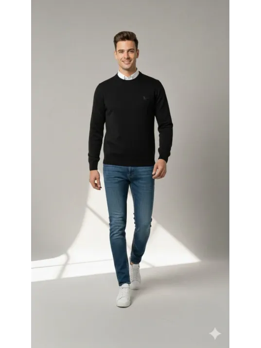 Erkek Bisiklet Yaka Nakış İşlemeli Triko Kazak Yumuşak Dokulu Pamuklu İnce Dokuma, Uzun Kollu Rahat Regular Kalıp - Siyah