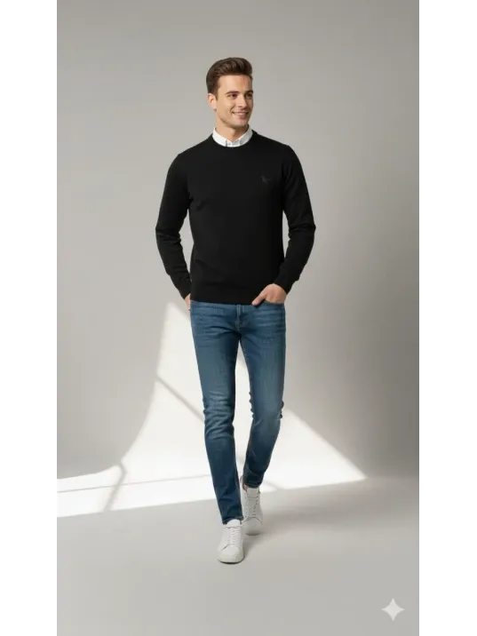 Erkek Bisiklet Yaka Nakış İşlemeli Triko Kazak Yumuşak Dokulu Pamuklu İnce Dokuma, Uzun Kollu Rahat Regular Kalıp - Siyah