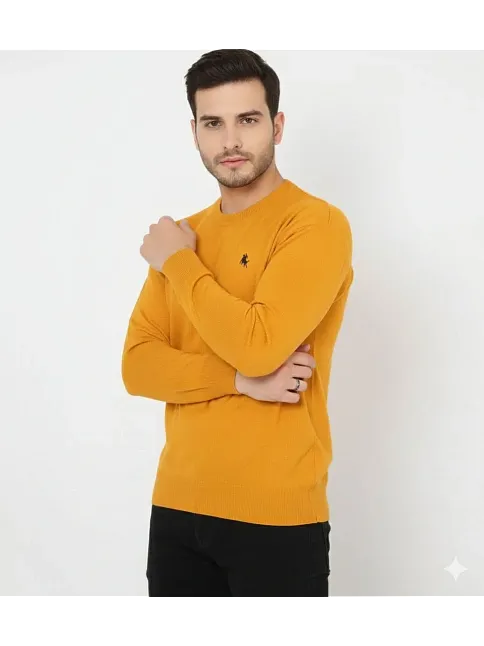 Erkek Bisiklet Yaka Nakış İşlemeli Triko Kazak Yumuşak Dokulu Pamuklu İnce Dokuma, Uzun Kollu Rahat Regular Kalıp - Turuncu