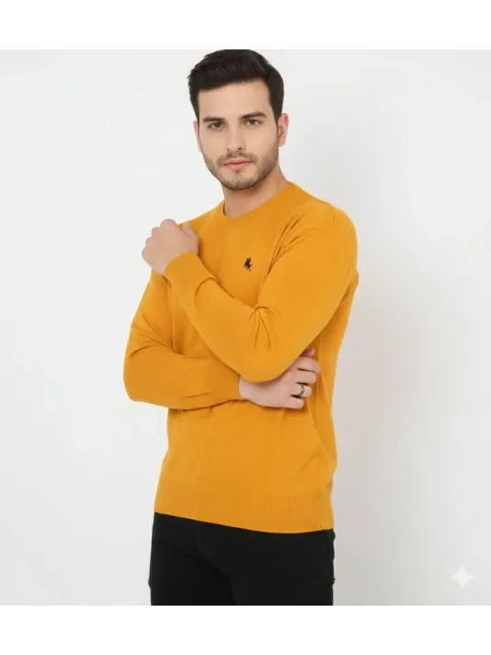 Erkek Bisiklet Yaka Nakış İşlemeli Triko Kazak Yumuşak Dokulu Pamuklu İnce Dokuma, Uzun Kollu Rahat Regular Kalıp - Turuncu