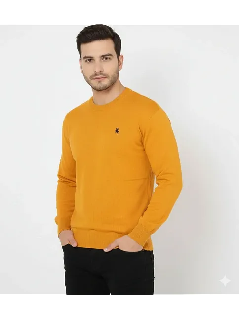 Erkek Bisiklet Yaka Nakış İşlemeli Triko Kazak Yumuşak Dokulu Pamuklu İnce Dokuma, Uzun Kollu Rahat Regular Kalıp - Turuncu
