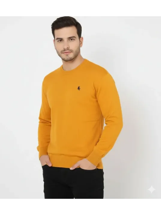 Erkek Bisiklet Yaka Nakış İşlemeli Triko Kazak Yumuşak Dokulu Pamuklu İnce Dokuma, Uzun Kollu Rahat Regular Kalıp - Turuncu