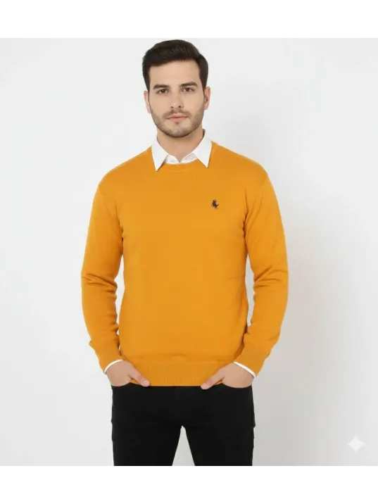 Erkek Bisiklet Yaka Nakış İşlemeli Triko Kazak Yumuşak Dokulu Pamuklu İnce Dokuma, Uzun Kollu Rahat Regular Kalıp - Turuncu