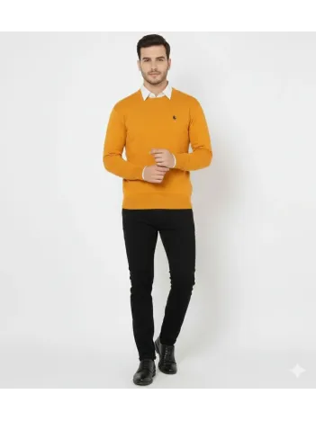 Erkek Bisiklet Yaka Nakış İşlemeli Triko Kazak Yumuşak Dokulu Pamuklu İnce Dokuma, Uzun Kollu Rahat Regular Kalıp - Turuncu