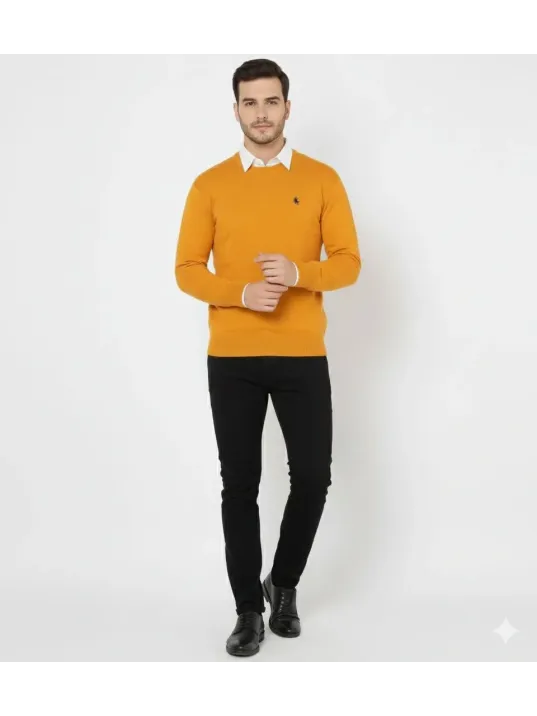 Erkek Bisiklet Yaka Nakış İşlemeli Triko Kazak Yumuşak Dokulu Pamuklu İnce Dokuma, Uzun Kollu Rahat Regular Kalıp - Turuncu