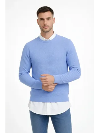 Erkek Bisiklet Yaka Petekli Dokulu Triko Kazak Pamuklu İnce Dokuma, Uzun Kollu Rahat Regular Kalıp - Mavi
