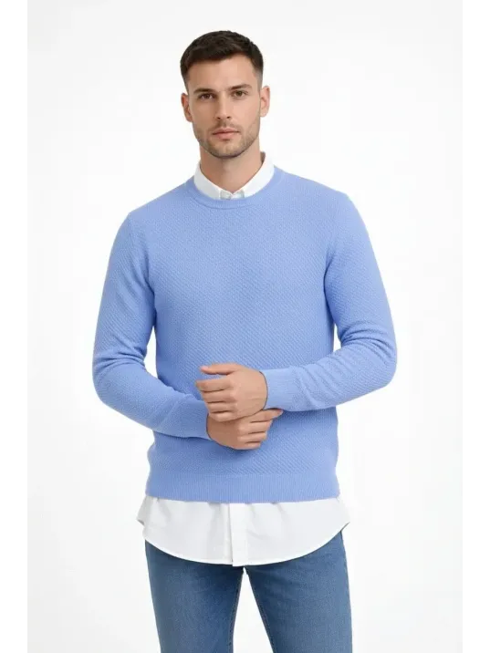 Erkek Bisiklet Yaka Petekli Dokulu Triko Kazak Pamuklu İnce Dokuma, Uzun Kollu Rahat Regular Kalıp - Mavi