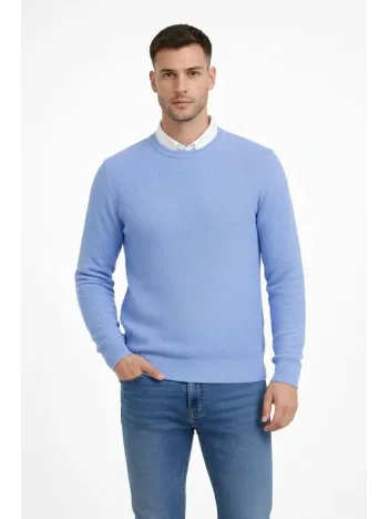 Erkek Bisiklet Yaka Petekli Dokulu Triko Kazak Pamuklu İnce Dokuma, Uzun Kollu Rahat Regular Kalıp - Mavi