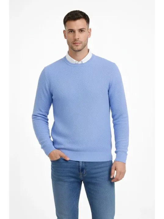 Erkek Bisiklet Yaka Petekli Dokulu Triko Kazak Pamuklu İnce Dokuma, Uzun Kollu Rahat Regular Kalıp - Mavi