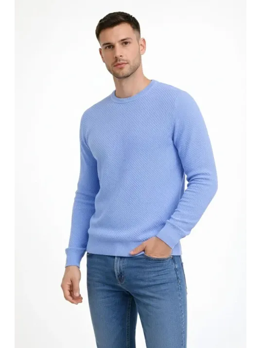 Erkek Bisiklet Yaka Petekli Dokulu Triko Kazak Pamuklu İnce Dokuma, Uzun Kollu Rahat Regular Kalıp - Mavi