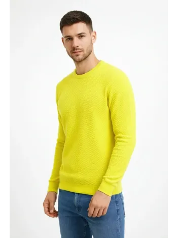 Erkek Bisiklet Yaka Petekli Dokulu Triko Kazak Pamuklu İnce Dokuma, Uzun Kollu Rahat Regular Kalıp - Sarı