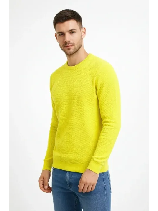 Erkek Bisiklet Yaka Petekli Dokulu Triko Kazak Pamuklu İnce Dokuma, Uzun Kollu Rahat Regular Kalıp - Sarı