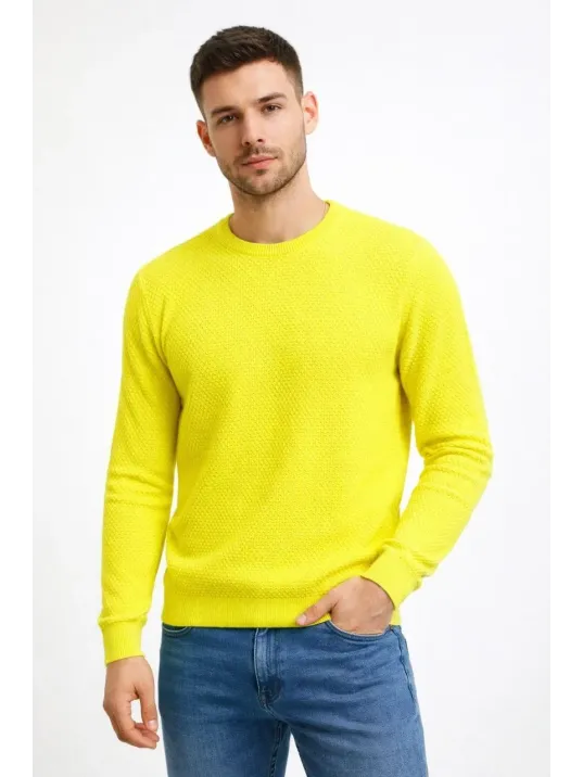 Erkek Bisiklet Yaka Petekli Dokulu Triko Kazak Pamuklu İnce Dokuma, Uzun Kollu Rahat Regular Kalıp - Sarı