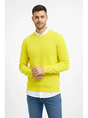 Erkek Bisiklet Yaka Petekli Dokulu Triko Kazak Pamuklu İnce Dokuma, Uzun Kollu Rahat Regular Kalıp - Sarı