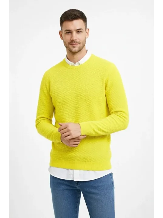 Erkek Bisiklet Yaka Petekli Dokulu Triko Kazak Pamuklu İnce Dokuma, Uzun Kollu Rahat Regular Kalıp - Sarı