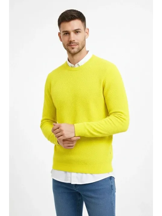 Erkek Bisiklet Yaka Petekli Dokulu Triko Kazak Pamuklu İnce Dokuma, Uzun Kollu Rahat Regular Kalıp - Sarı