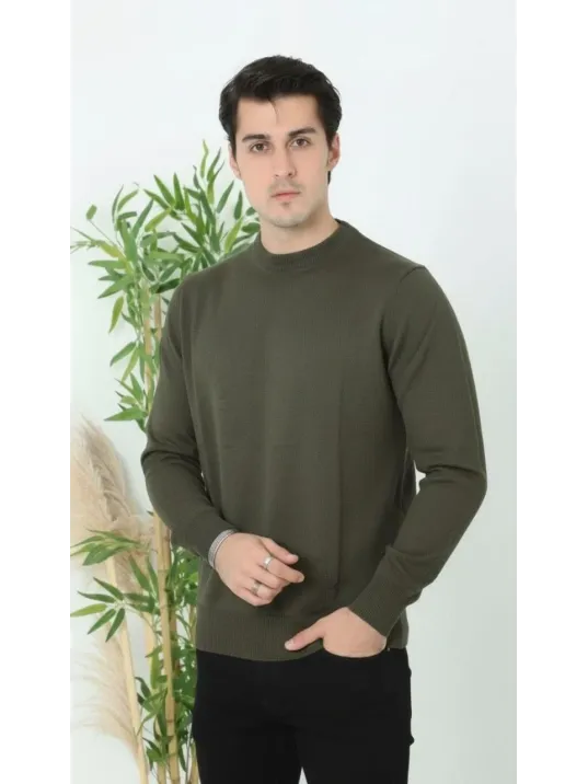 Erkek Bisiklet Yaka Triko Kazak Yumuşak Dokulu Pamuklu İnce Dokuma, Uzun Kollu Rahat Regular Kalıp - Haki