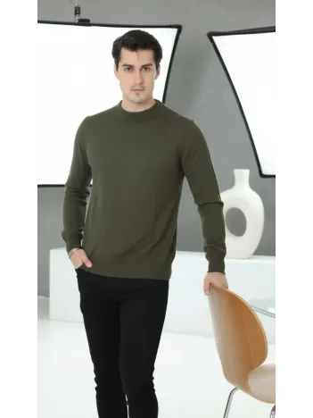 Erkek Bisiklet Yaka Triko Kazak Yumuşak Dokulu Pamuklu İnce Dokuma, Uzun Kollu Rahat Regular Kalıp - Haki