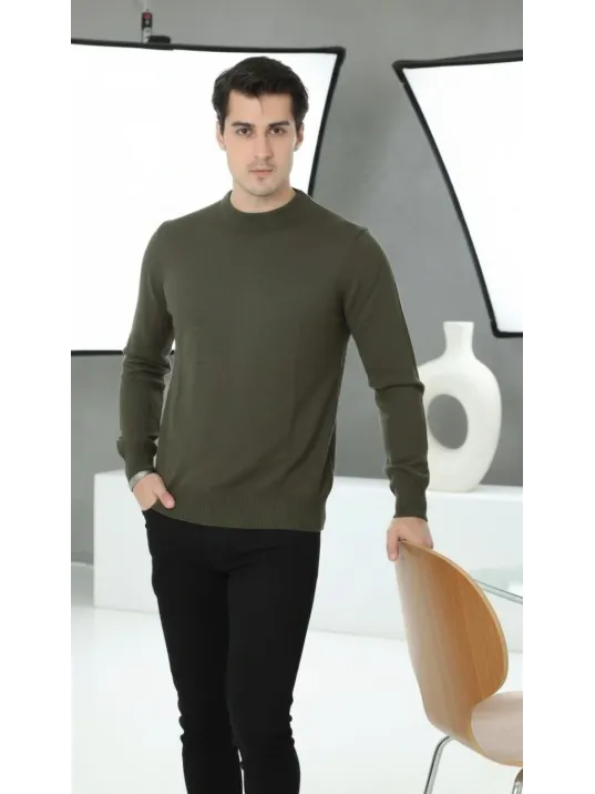 Erkek Bisiklet Yaka Triko Kazak Yumuşak Dokulu Pamuklu İnce Dokuma, Uzun Kollu Rahat Regular Kalıp - Haki