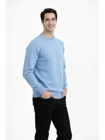 Erkek Bisiklet Yaka Triko Kazak Yumuşak Dokulu Pamuklu İnce Dokuma, Uzun Kollu Rahat Regular Kalıp - Açık Mavi