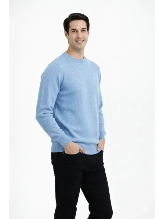 Erkek Bisiklet Yaka Triko Kazak Yumuşak Dokulu Pamuklu İnce Dokuma, Uzun Kollu Rahat Regular Kalıp - Açık Mavi