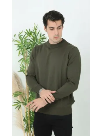 Erkek Bisiklet Yaka Triko Kazak Yumuşak Dokulu Pamuklu İnce Dokuma, Uzun Kollu Rahat Regular Kalıp - Haki