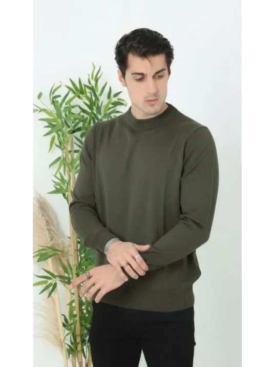 Erkek Bisiklet Yaka Triko Kazak Yumuşak Dokulu Pamuklu İnce Dokuma, Uzun Kollu Rahat Regular Kalıp - Haki